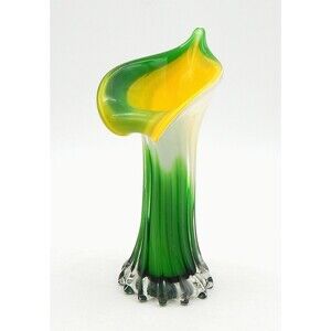 Art Glass Calla Lily Jack In The Pulpit Ribbed Vase Green Yellow 7-3/4 In Tall